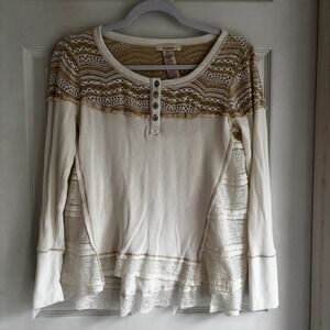 Sundance‎ Womens White Lace Trim Waffle Knit Henley Long Sleeve Top XS Tunic